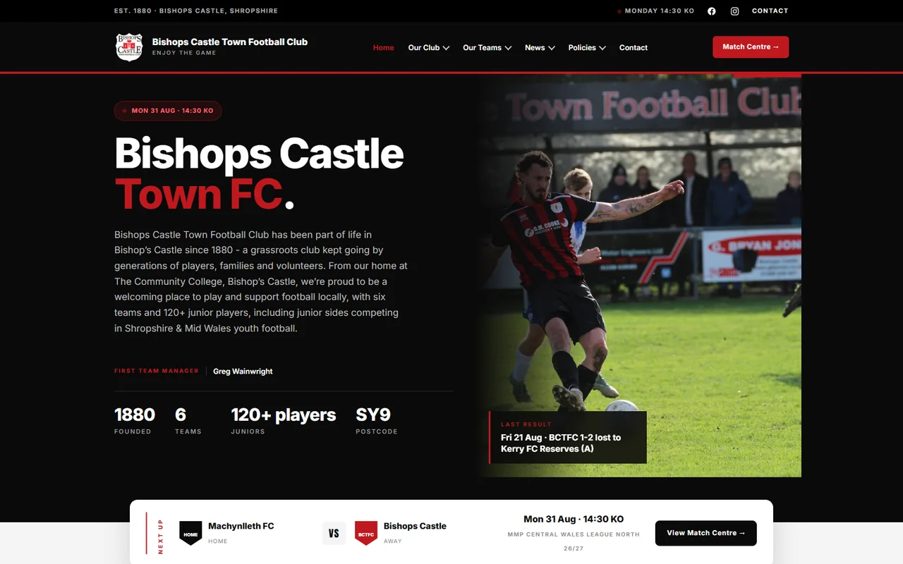 Bishop’s Castle Town FC homepage with bold black and red match-day design and a football action photograph