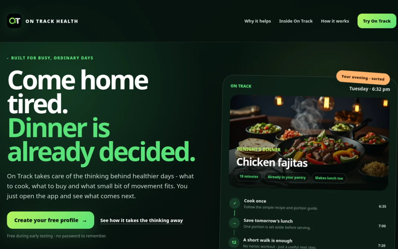 On Track Health homepage with bold green lifestyle messaging and a personalised dinner plan interface