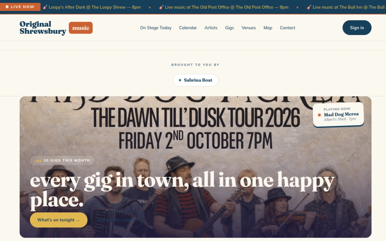 Original Shrewsbury Music live homepage with its gig ticker and Mad Dog Mcrea artwork behind the evening gig guide